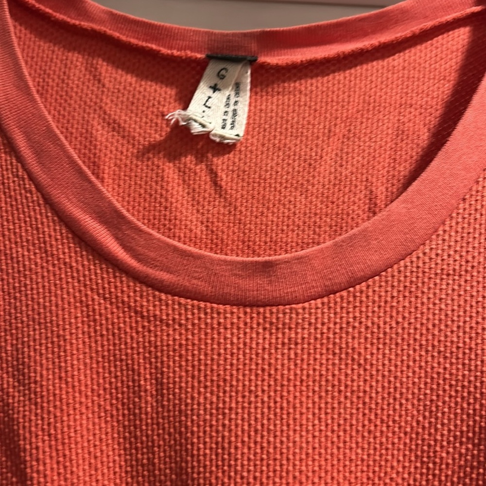 Free People Women's Orange Long Sleeve light thermal Top with Plaid Cuffs - Picture 3 of 5